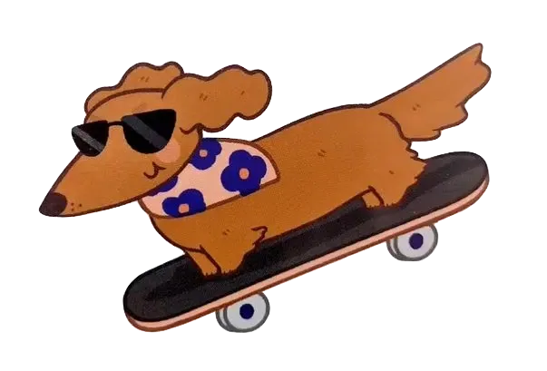 Valentina, the illustrated dachshund on a skateboard